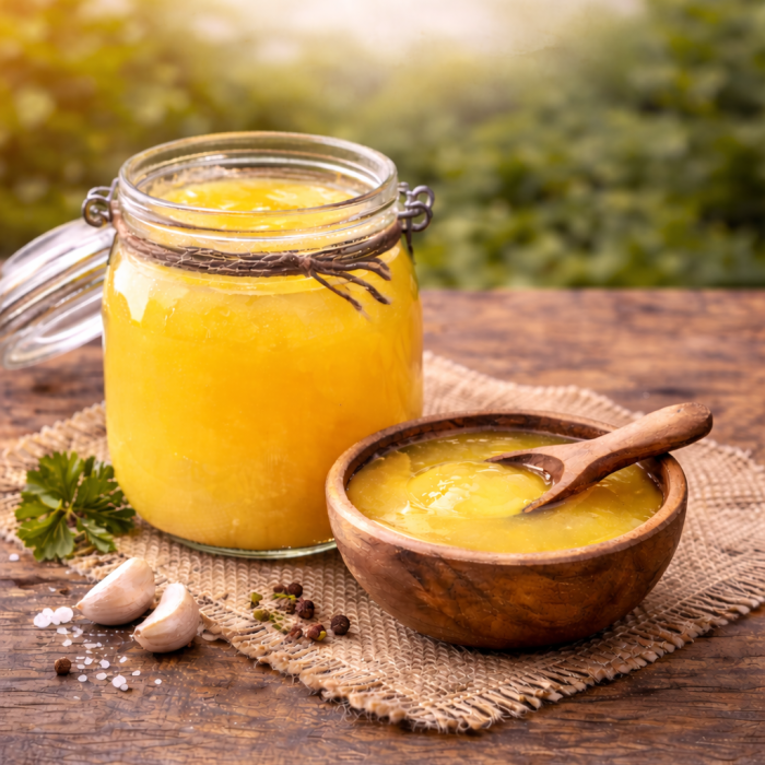 Golden ghee and rustic ingredients