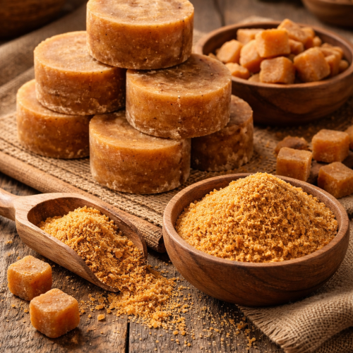 Golden jaggery on rustic wood