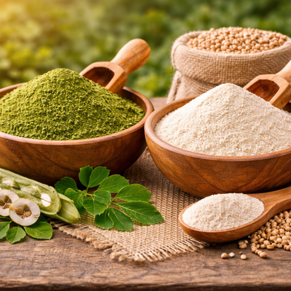 Moringa and guar gum on rustic table