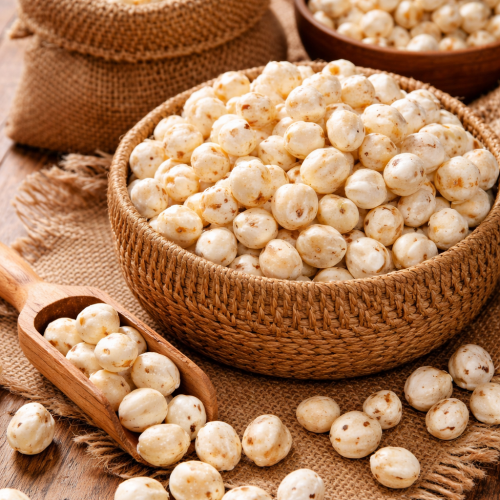Rustic makhana display with wooden scoop