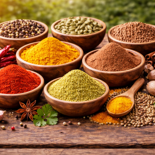 Spices on rustic wooden table